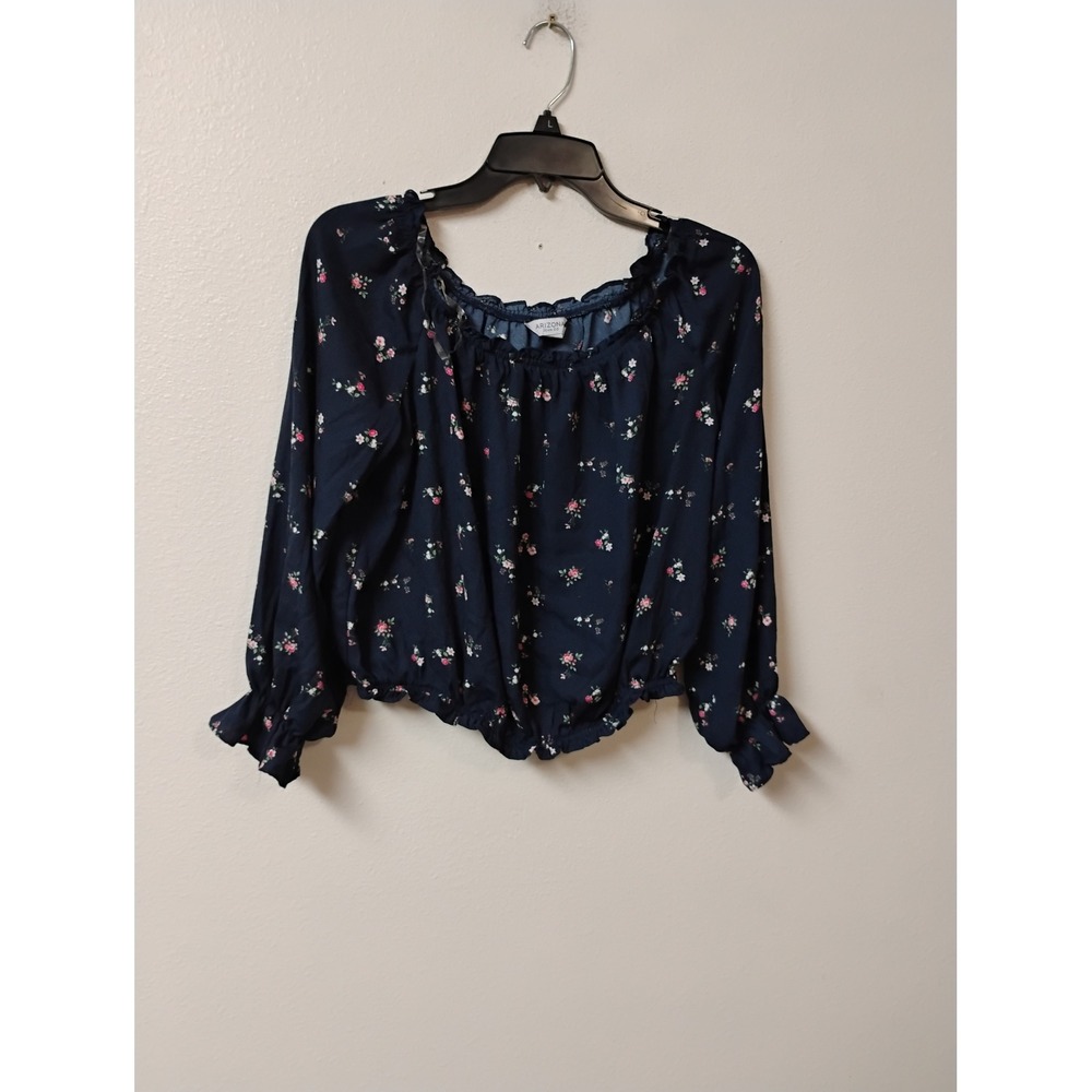 Arizona Jean Co Navy Blue Floral Peasant Top Long Sleeve Blouse XL